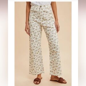 Floral Wide Leg Cream Jeans‎